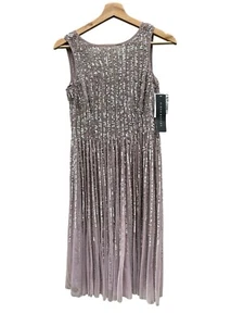NEW Aidan Mattox V-Neck Long Sleeve Beaded Dress Sz 2 Purple Silver Women’s $450 - Picture 1 of 15