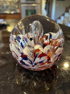 Vintage Kunst Glas Briefbeschwerer kontrollierte Blasen Band gebrannt orange weiß blau - Bild 1 von 9