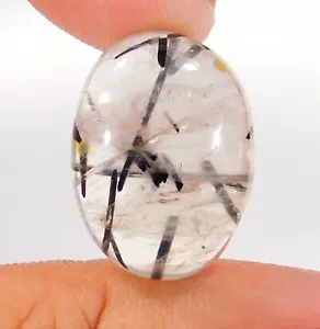 16.Ct 100% NATURAL BLACK RUTILE QUARTZ OVAL CABOCHON GEMSTONE 19x14x7 MM DA=214 - Picture 1 of 4