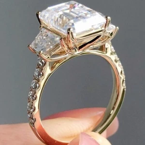 3.77TCW Emerald Cut Moissanite Three Stone Wedding Ring In Solid 14k Yellow Gold - Picture 1 of 8