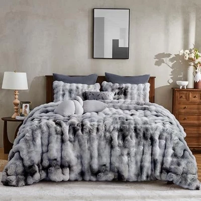 3 Pieces Fluffy Faux Rabbit Fur Bubble Comforter Set Size, King Tie Dye-grey - Image 1 of 4