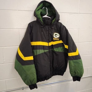 VINTAGE Green Bay Packers Jacket Mens Large Black Puffer Official Fan Zip NFL 90 - Picture 1 of 11