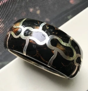 Vintage Faux Schildkröte Zelluloid Lucite breiter Armreif Armband mit Silber Overlay - Bild 1 von 14