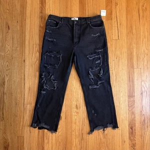 We The Free People Jeans Sz 33 Maggie Mid Rise Straight Distressed White Black - Picture 1 of 11
