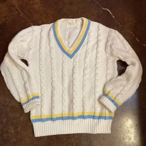 Unisex Vintage Ivory DiFini Preppy 90’s V-Neck Cable Knit  Sweater - Picture 1 of 2