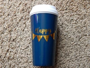 HAPPY FALL THEME 16 OZ VASO GOBELET TAZA CON TAPA GIRATORIA AZUL FRÍO CALIENTE DORADO NUEVO - Imagen 1 de 7