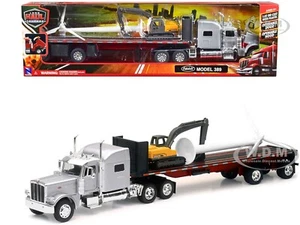 PETERBILT 389 FLATBED SILVER W/ EXCAVATOR & WIND TURBINE 1/32 BY NEW RAY 10333 B - Picture 1 of 1