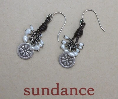 CATÁLOGO SUNDANCE Pendientes de Cuero Negro "Pearl Rainfall" Plata Esterlina Nuevos en Caja Foto 1 de 4