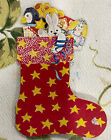 Vintage diecut gift tag Christmas stocking with fun toys Made in England