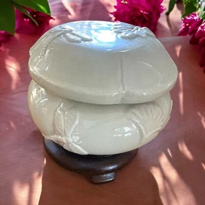 Covered Ceramic Cream Jar,Trinket Dish on Wooden Base, Decorated With Fireflies - Picture 1 of 6