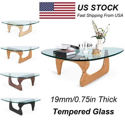 Vintage Noguchi Style Coffee Table with Solid Wood Base Clear Triangle Glass - Image 1 of 4