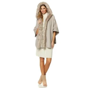 ADRIANNE LANDAU Size M/L Hooded Kimono Jacket Faux Fox Trim TAUPE - Picture 1 of 5
