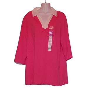 JMS Just My Size Woman Plus 2X Pink 100% Cotton JOHNNY COLLAR SHIRT Extra Long - Picture 1 of 12