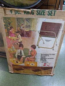 Vintage Quaker Parquet 4 Piece Folding TV Tray Table Set with Wheels in Box - Picture 1 of 11