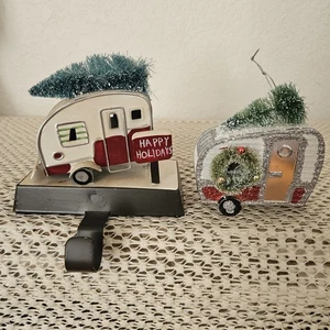 RV CAMPER CHRISTMAS ORNAMENT Metal Camper Stocking Hanger Set Of 2 - Picture 1 of 8