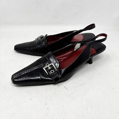 Y2K Nine West Slingback Kitten Heels Size 8 Buckle Pointed Toe Black Leather - Image 1 of 4