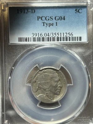 1913 D Type 1 Buffalo Nickel PCGS G4 G04 Good Denver Low Ball - Image 1 of 4