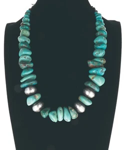 Turquoise Mountain Turquoise Nugget & Sterling Silver Bead Necklace - Picture 1 of 4