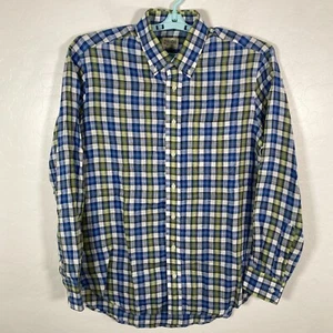 Gitman Bros Shirt Mens Large Blue Green Linen Button Up Long Sleeve Plaid - Picture 1 of 11