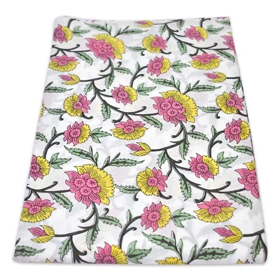 Indian Pink Floral Hand Block Print Running Cotton Voile Fabric 10 Yard - Image 1 of 4