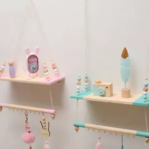 INS Wall Hanging Rope Swing Shelf Wooden Beads Rack Nursery Bedroom Decor - Picture 1 of 11