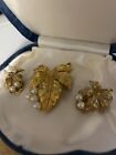 Vintage Jomaz Leaf Design Faux Pearl Brooch And Earring Set