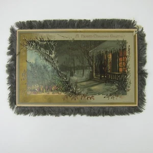 Victorian Card Christmas Party Snow Grey Silk Fringe Double Sided Antique 1882 - Picture 1 of 16