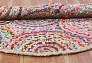 Red Chindi Cotton Jute Area Rug Indian Hand Braided Living Room Round Kilims 3x3 - Picture 1 of 13