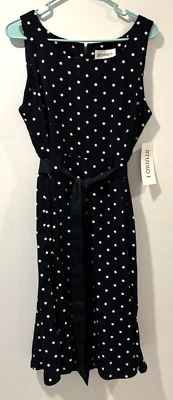 Studio I NWT Navy Dress White Polka-Dot Size 12 Sleeveless Belted Tie Waist - Image 1 of 4