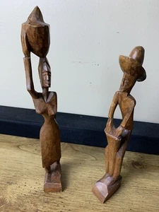Hand Carved Unique Wooden African Tribal Figurines Man & Woman Statues Fine Art - Picture 1 of 10