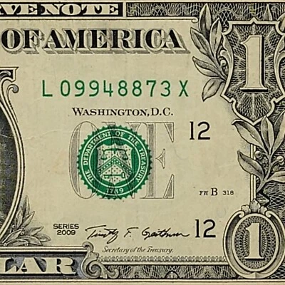 X Note Fancy Serial Number One Dollar L09948873X 2009 12.8m Run 2 Pair 9s 8s - Image 1 of 4
