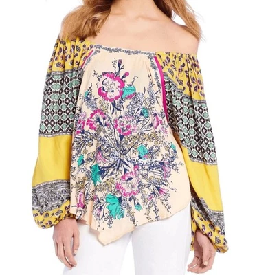 Blusa boêmia Free People floral e paisley fora do ombro tamanho M - Imagem 1 de 4