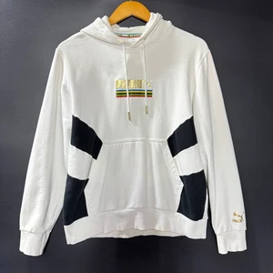 PUMA Hoodie Pullover Small White Neon Graphic Logo Kangaroo Pockets Sweatshirt - Picture 1 of 11