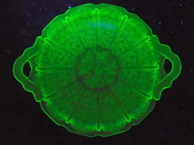 Janenette Uranium Green Glass Cake Plate Serving Dish Handles Cherry Blossom VGC - Image 1 of 4