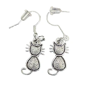 Earrings Cat Kitty Kitten Silver Plated Dangle Drop Animal Lover Gift Meow - Picture 1 of 7