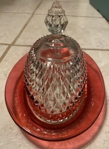 Vintage Indiana Diamond Point Ruby Flashed Crystal Oval Covered BUTTER DISH 9x6” - Picture 1 of 16