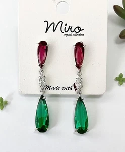 2.25" Linear Fuchsia Pink & Green Acrylic Crystals Dainty Casual Post Earrings - Picture 1 of 3