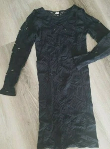 Women sz S/M seamless black knit eyelet bodycon long sleeve crochet short dress - Picture 1 of 5