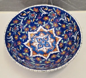 Vintage Turkish Ceramic Painted Bowl Handmade Vibrant Floral Star Design Blue - Picture 1 of 5