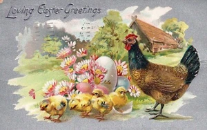 Raphael Tuck Series 701 Silver Metallic Hen and Chicks With Flowers Postcard - Picture 1 of 2