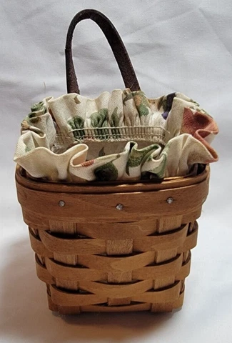 Longaberger 1999 4"x4"x3.5" Small Wall Hanging Basket Leather Strap Fruit Liner Cover
