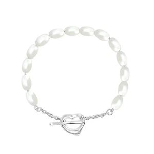 Real 925 Sterling Silver Pearl Bracelet for Women & Girls Open Heart Toggle Lock - Picture 1 of 3