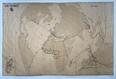 WORLD MAP AIR FRANCE AIRLINES 1949 VERY LARGE PICTORIAL MAP - Image 1 of 4
