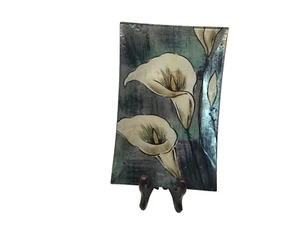 ARTESANO IRIDISCENTE PINTADO A MANO vidrio LIRIOS CALA - FONDO PLATA ORO placa - Imagen 1 de 10