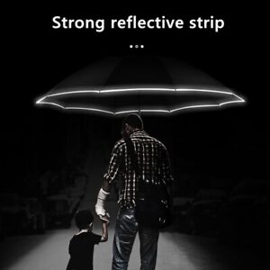 LED Automatic Windproof With Reflective Stripe Three Folding Inverted Umbrellas
