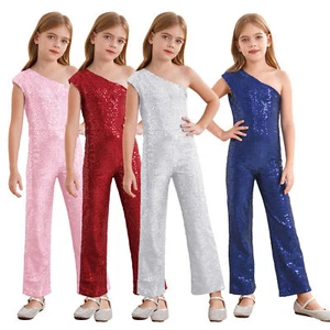 Kid Girls One Shoulder Sleeveless Shiny Sequins Dancing Jumpsuit Romper Playsuit - Picture 1 of 41