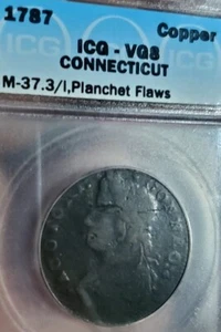 B Kn Connecticut Bust Left Colonial Penny Miller 37 Guarentee by ICG VG8 PeteGre - Picture 1 of 4