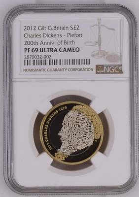 2012 Gilt Great Britain S£2 Dickens 200th Anniv. of Birth *PIEFORT* NGC PF69 - Image 1 of 2