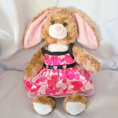 Build A Bear Brown Marbled Bunny Rabbit Plush Heart Nose Eyelashes Dress 18 Inch - Image 1 of 4