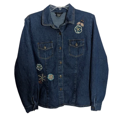 Camisa bordada com miçangas jeans vintage T & COMPANY grande SH3 casa de campo retrô outono - Imagem 1 de 4